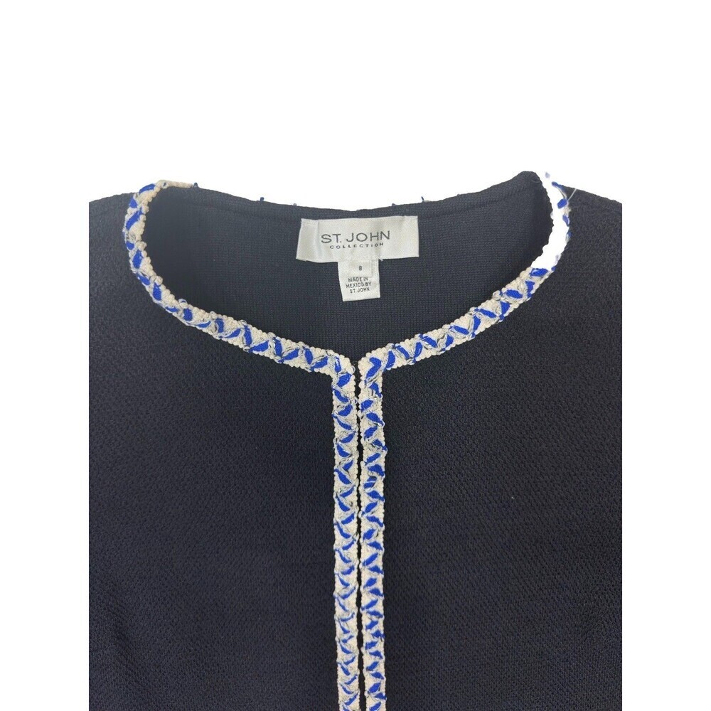 St. John Collection Wool Blend Knit Jacket Blazer Black Blue Trim 8 Open Front - Picture 4 of 9